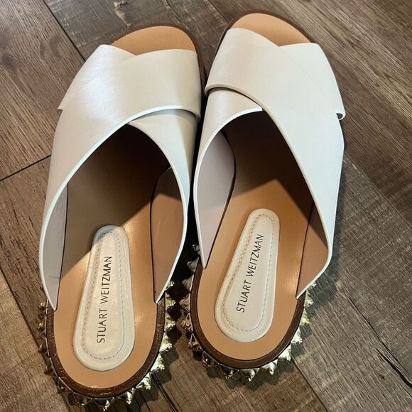 Stuart Weitzman White Sandals with Gold Accents - Picture 8 of 14